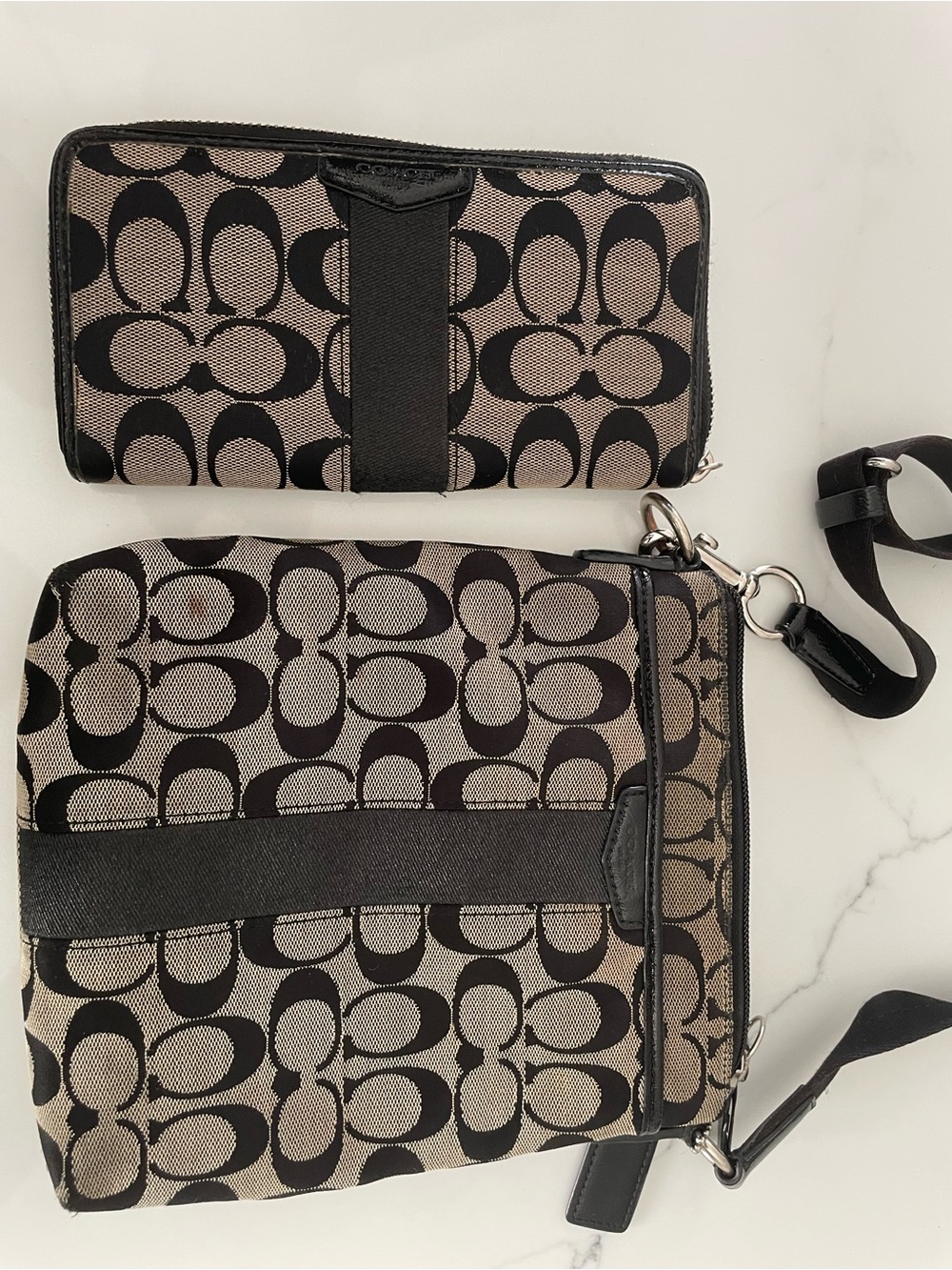 Coach Black and Tan Signature Canvas Crossbody with Zip Wallet